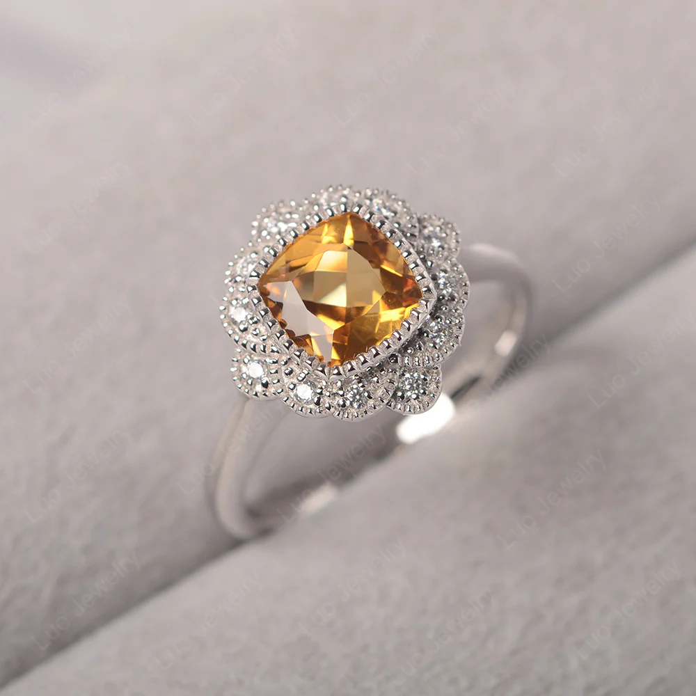 Cushion Cut Citrine Milgrain Ring - Image 2