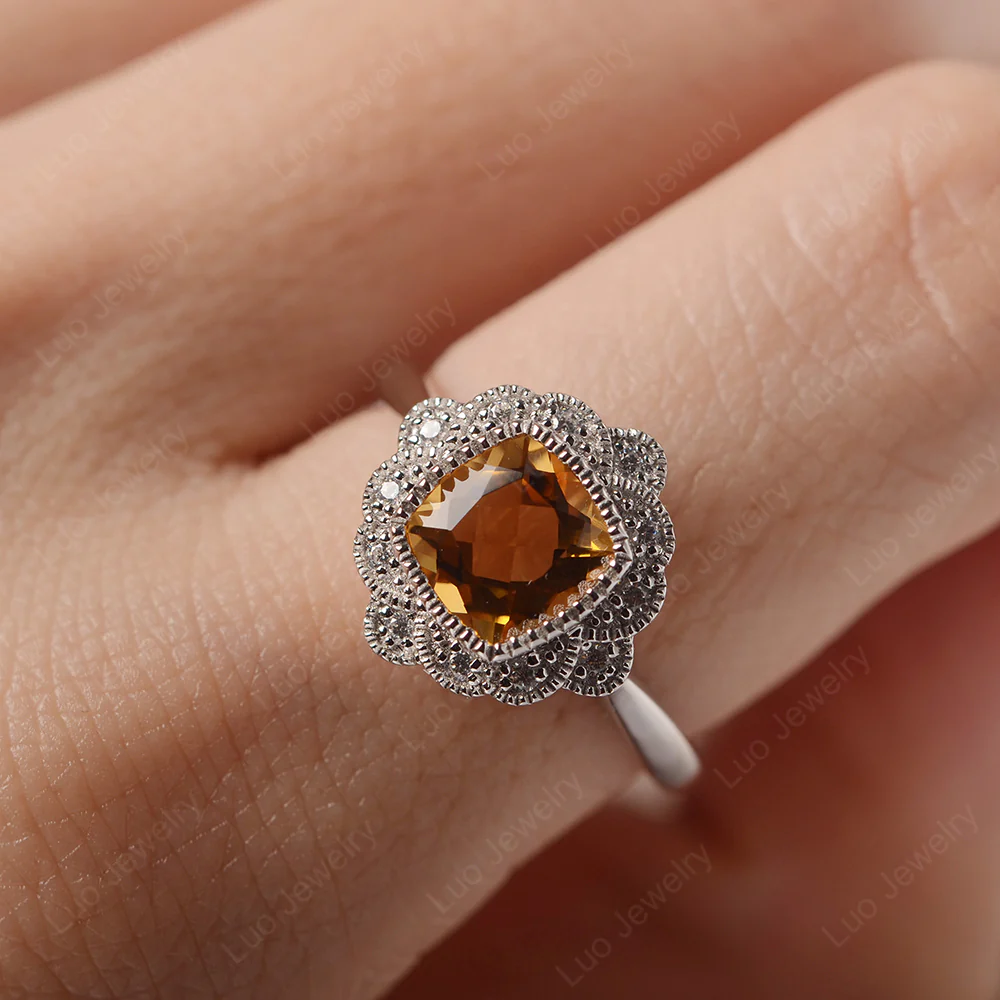 Cushion Cut Citrine Milgrain Ring - Image 5
