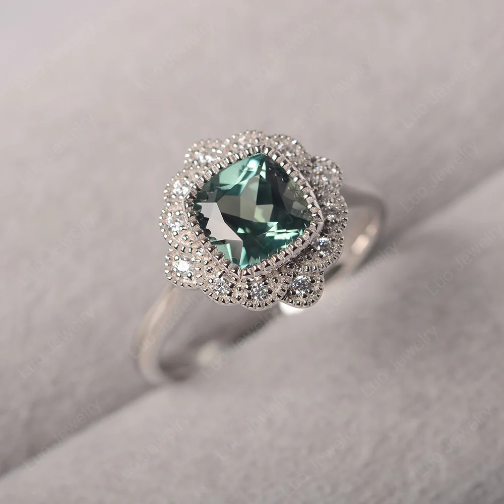 Green Sapphire Bezel Milgrain Engagement Ring - Image 2