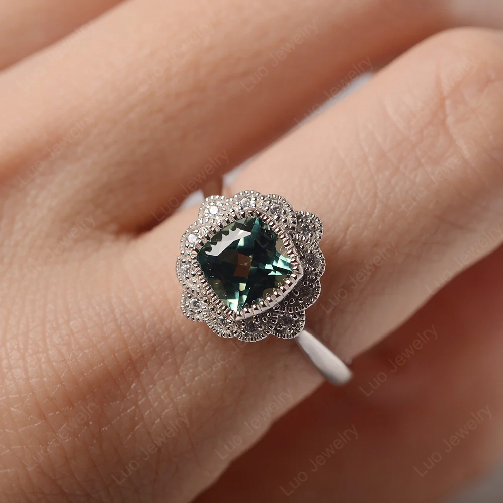 Green Sapphire Bezel Milgrain Engagement Ring - Image 5
