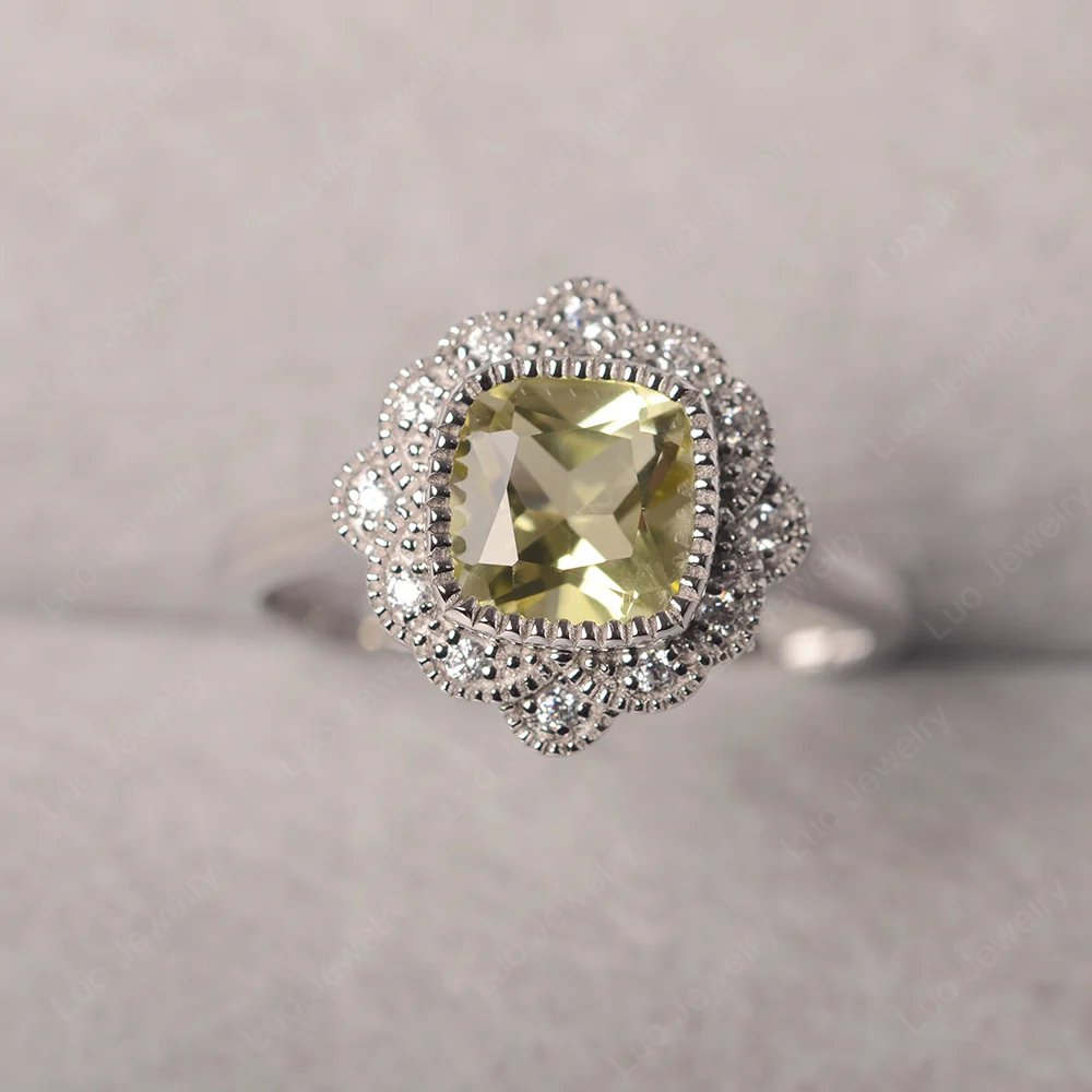 Cushion Cut Lemon Quartz Milgrain Ring