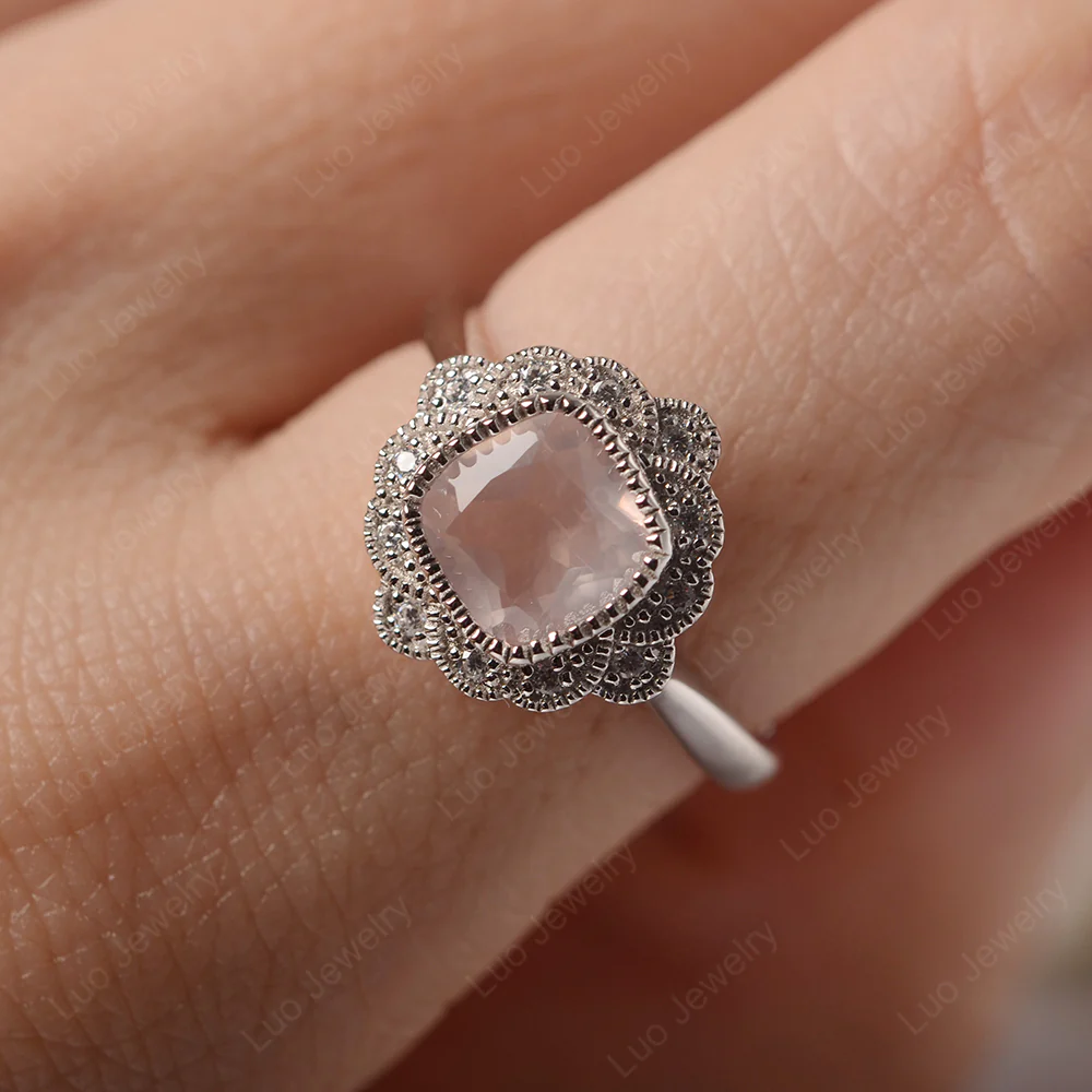 Rose Quartz Milgrain Bezel Engagement Ring - Image 5