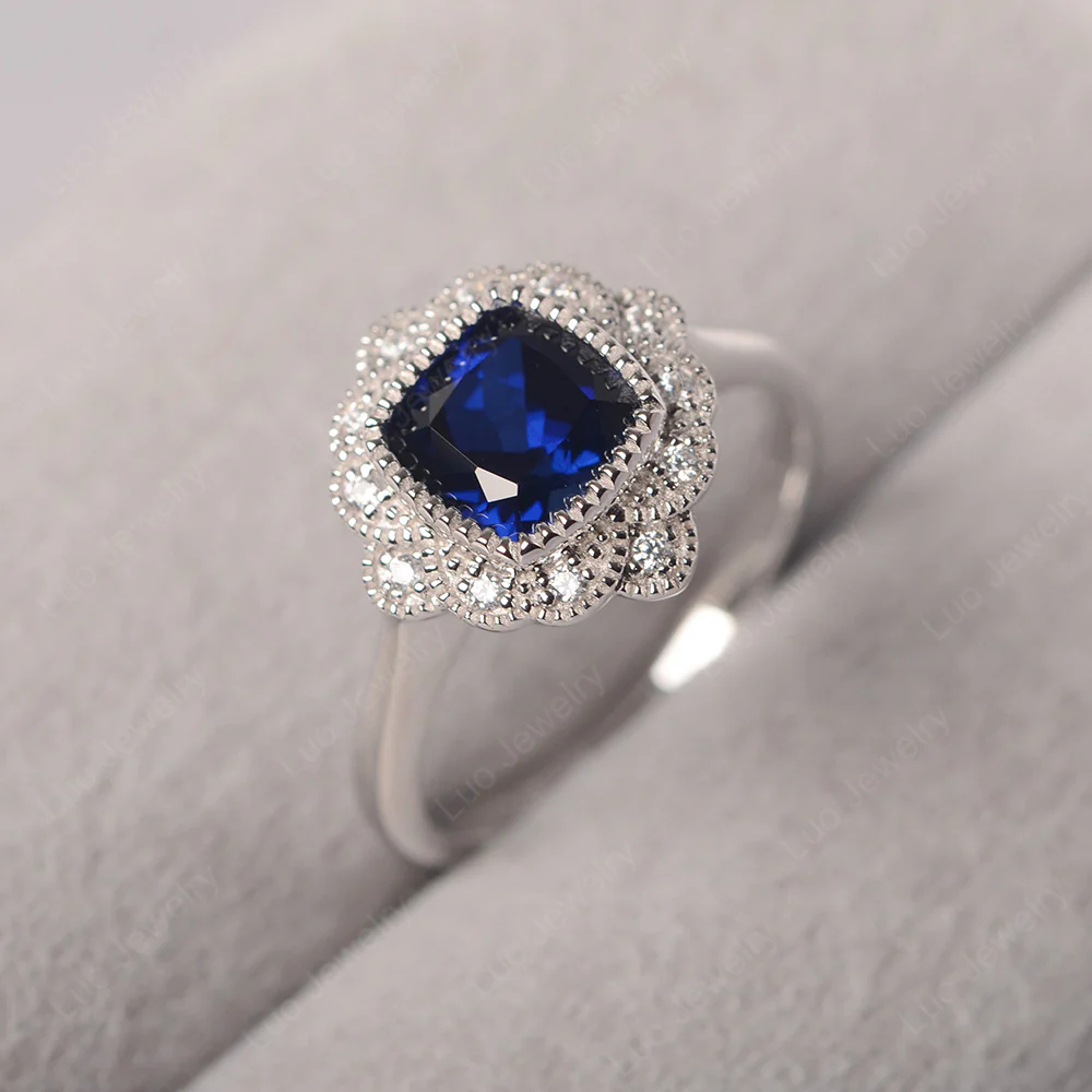 Cushion Cut Sapphire Milgrain Ring - Image 2