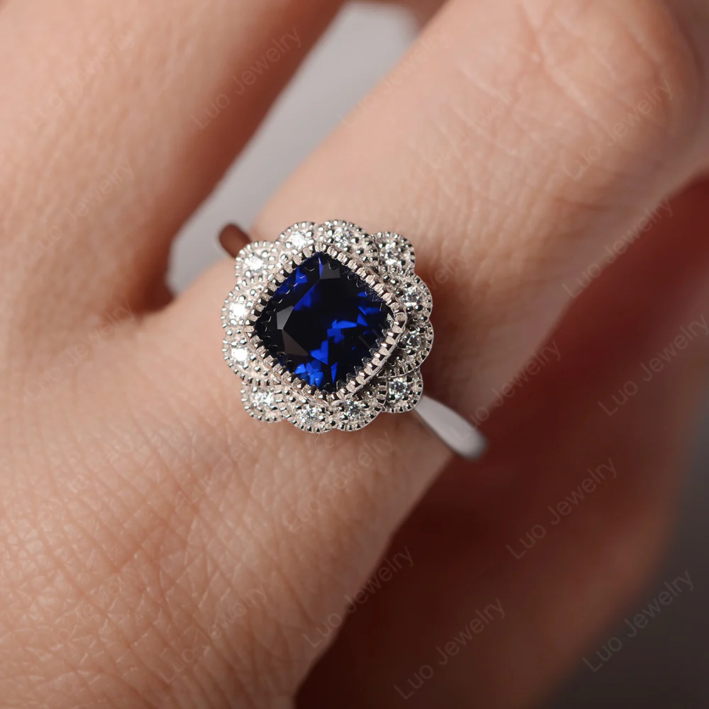 Cushion Cut Sapphire Milgrain Ring - Image 6