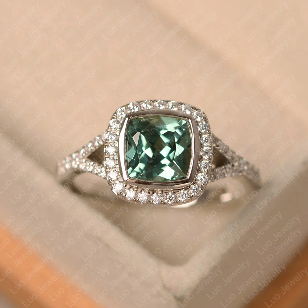 Cushion Cut Green Sapphire Halo Bezel Set Ring