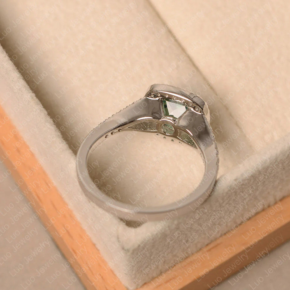 Cushion Cut Green Sapphire Halo Bezel Set Ring - Image 4
