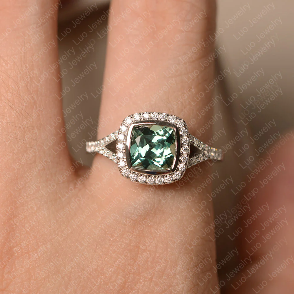 Cushion Cut Green Sapphire Halo Bezel Set Ring - Image 5