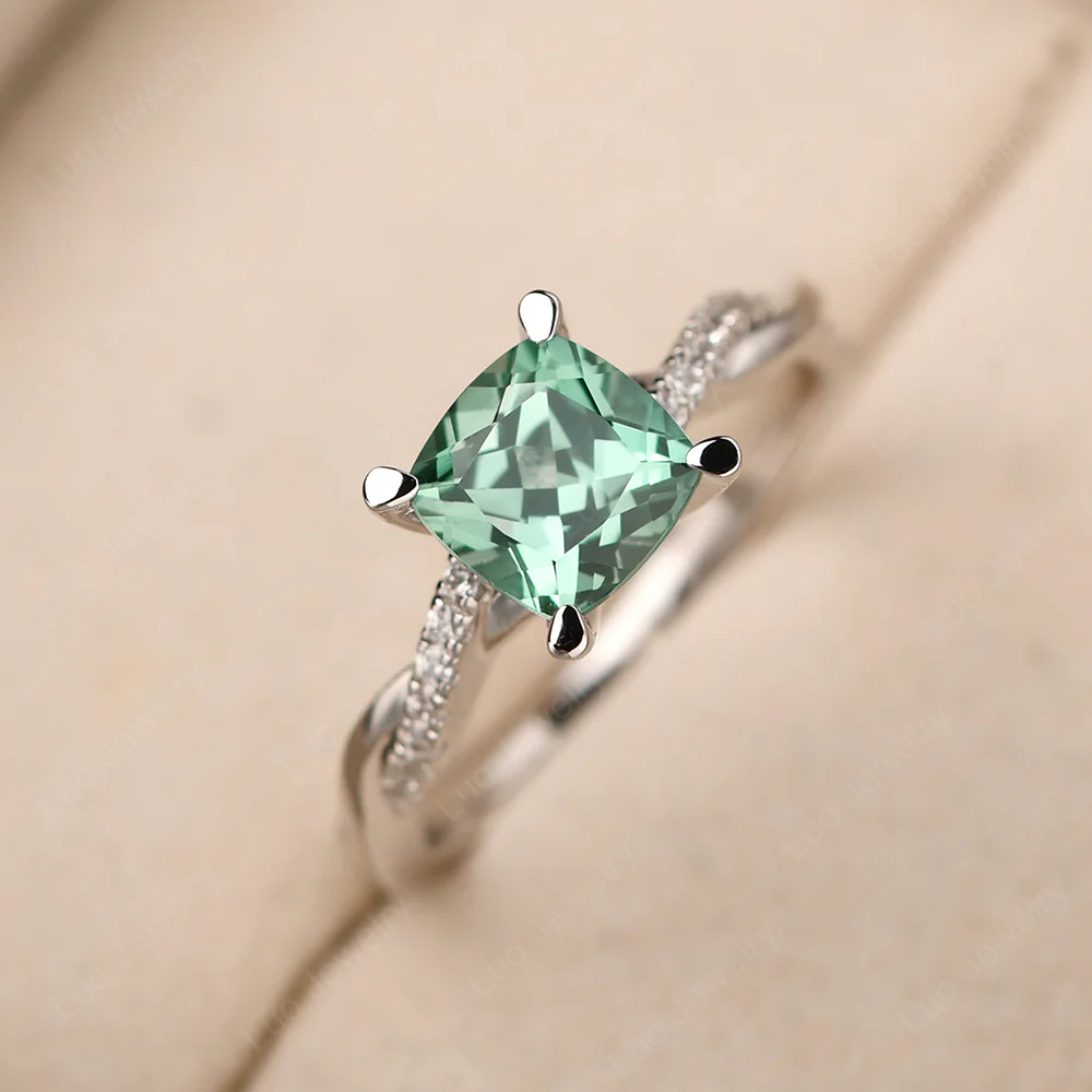 Green Sapphire Twist Cushion Cut Engagement Ring - Image 2