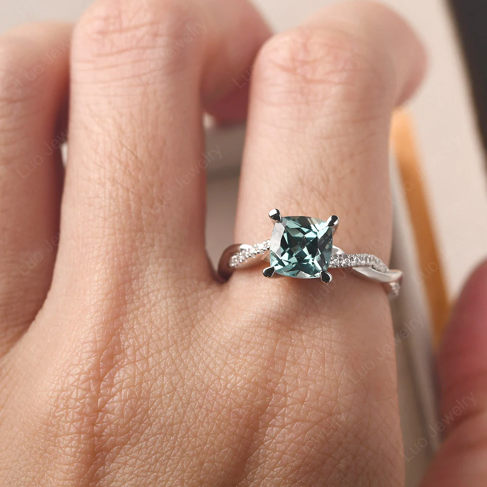 Green Sapphire Twist Cushion Cut Engagement Ring - Image 5