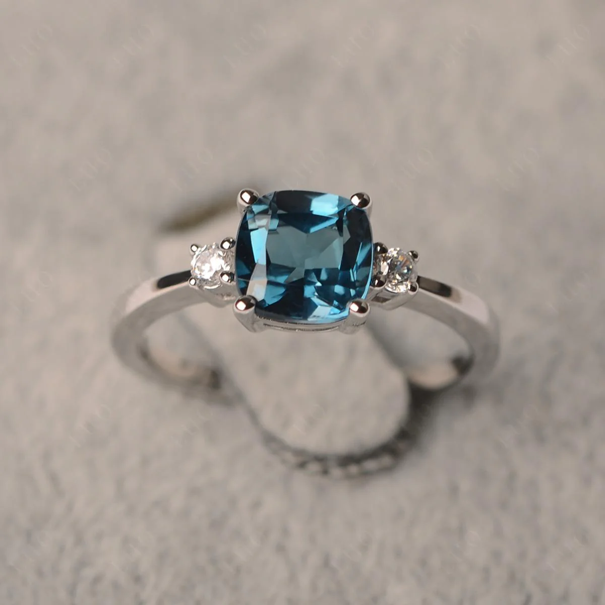 Cushion Cut London Blue Topaz Trilogy Ring - Image 10