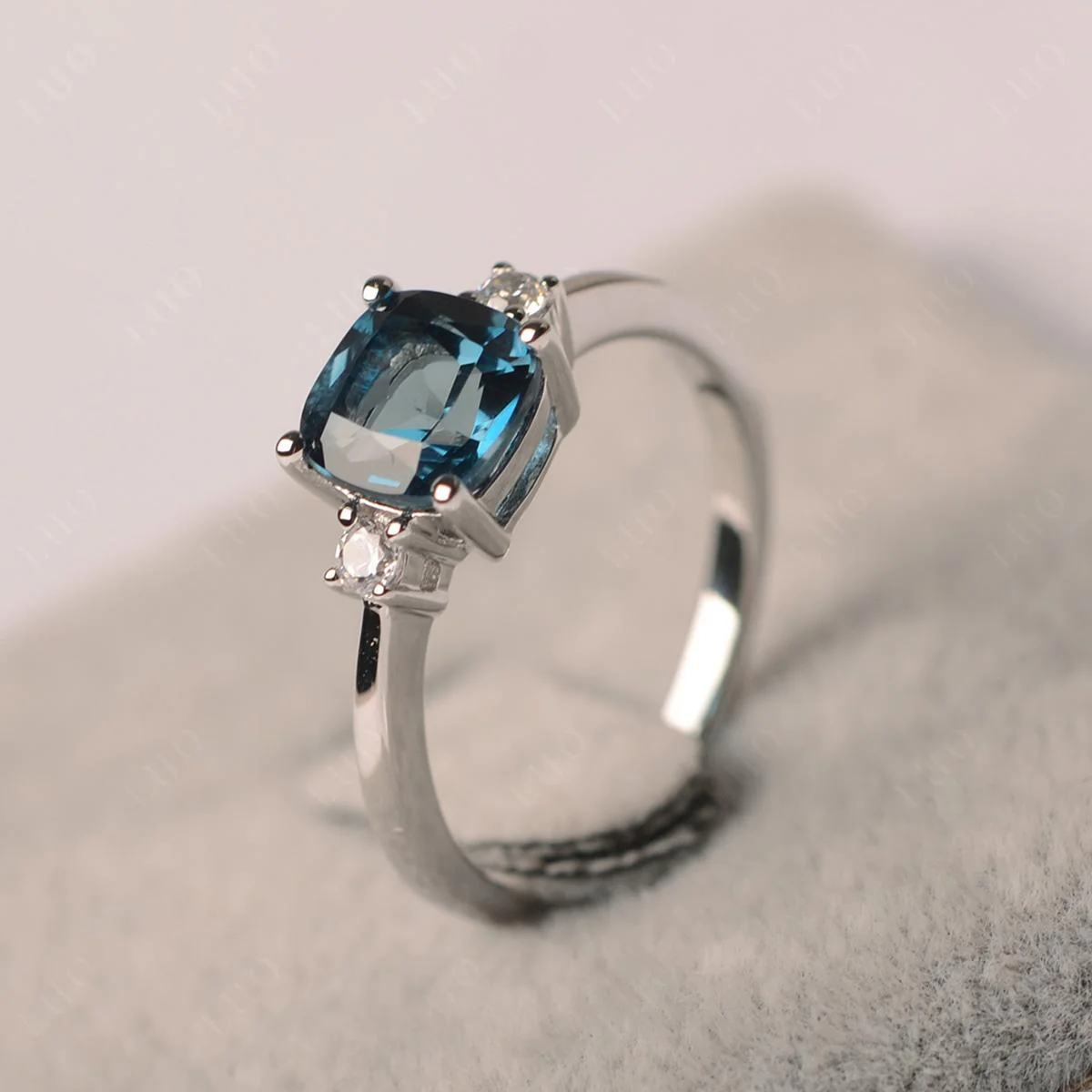 Cushion Cut London Blue Topaz Trilogy Ring - Image 11
