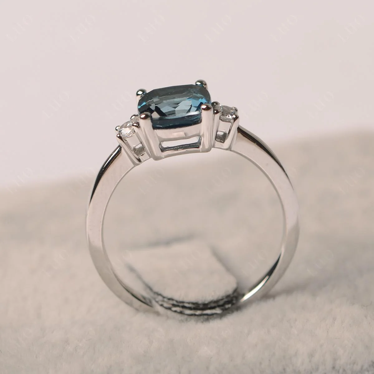 Cushion Cut London Blue Topaz Trilogy Ring - Image 12