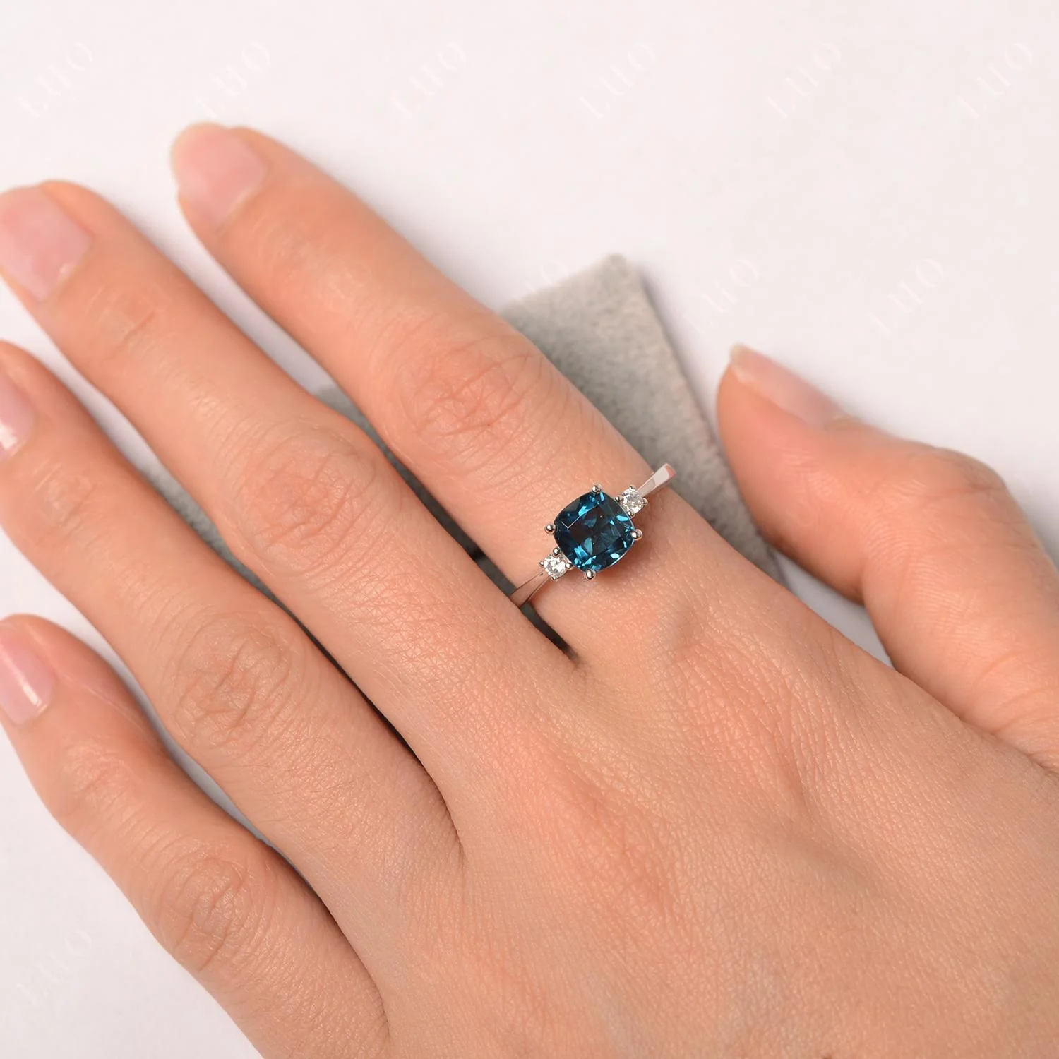 Cushion Cut London Blue Topaz Trilogy Ring - Image 13