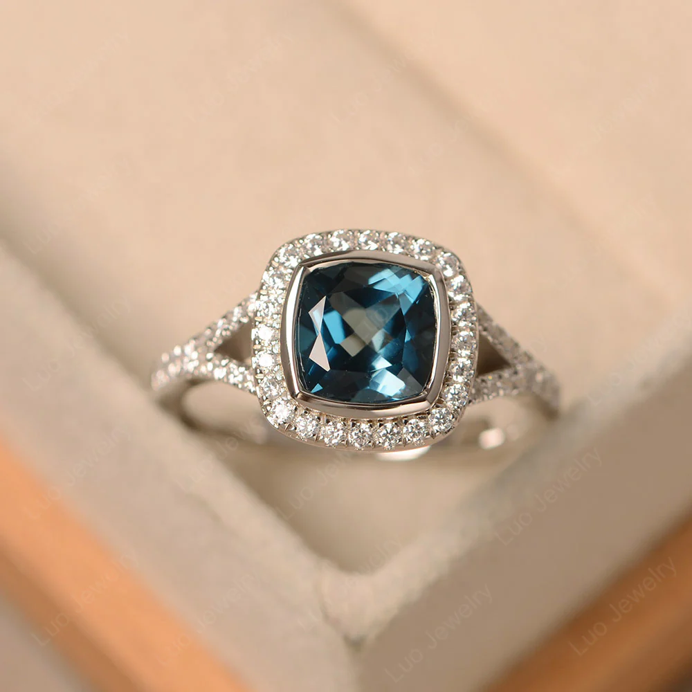 London Blue Topaz Cushion Halo Engagement Ring