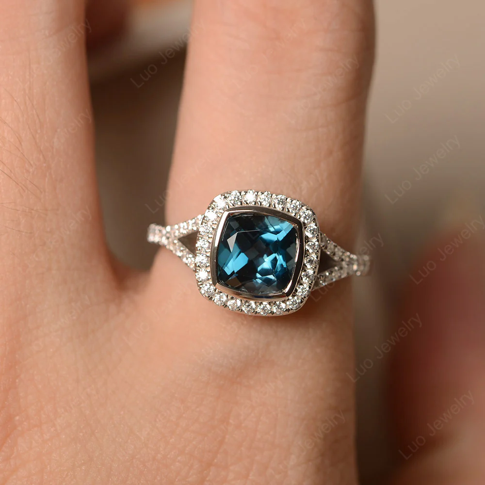 London Blue Topaz Cushion Halo Engagement Ring - Image 6