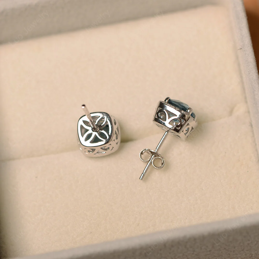 Cushion Cut London Blue Topaz Halo Stud Earrings - Image 3