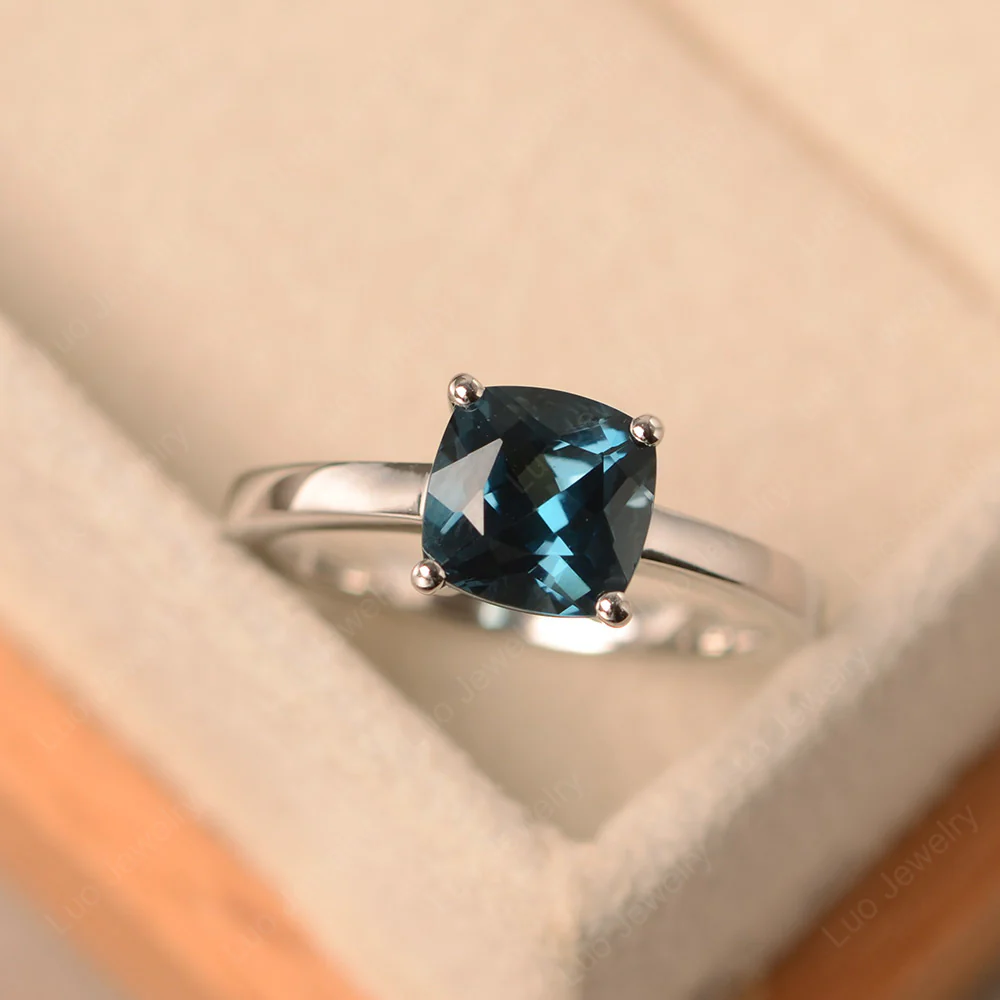 Cushion Cut Simple London Blue Topaz Solitaire Ring