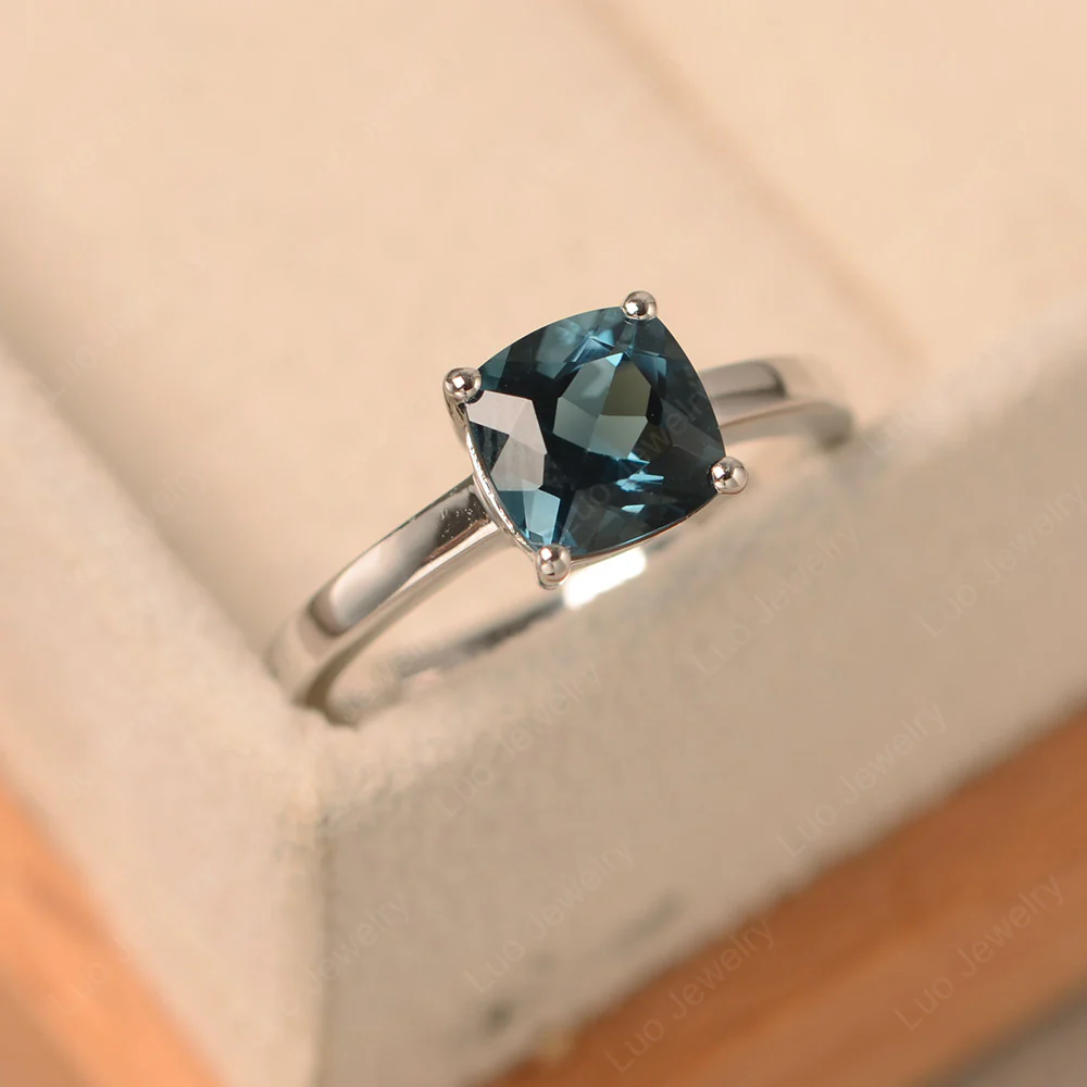 Cushion Cut Simple London Blue Topaz Solitaire Ring - Image 3