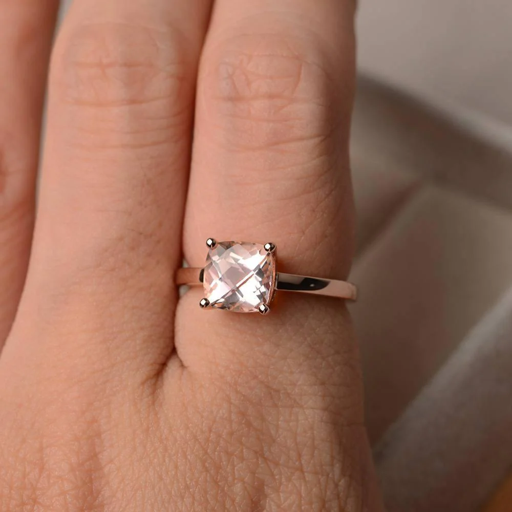 Cushion Cut Simple Morganite Solitaire Ring - Image 4