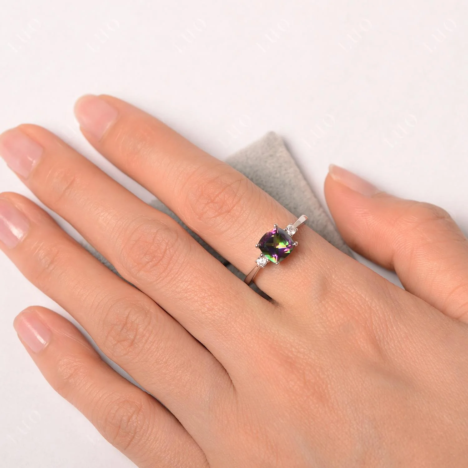Cushion Cut Mystic Topaz Trilogy Ring - Image 12