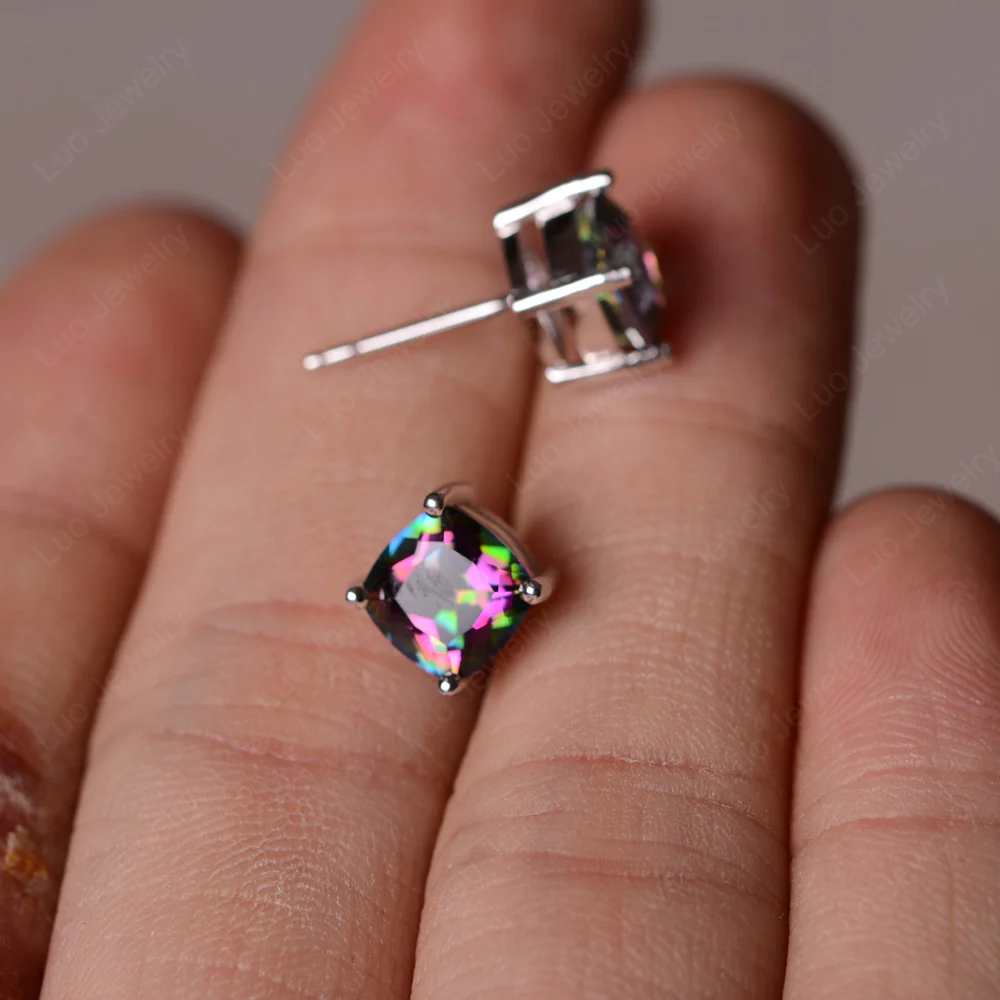 Cushion Cut Mystic Topaz Stud Earrings - Image 4