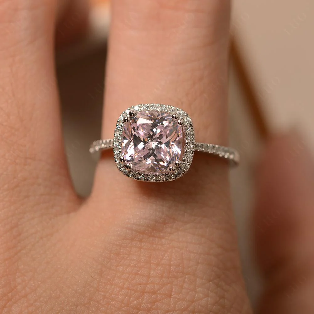Cushion Cut Pink Cubic Zirconia Halo Ring - Image 14