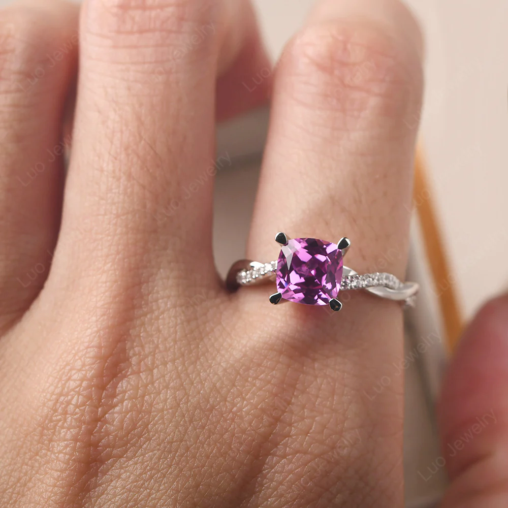Pink Sapphire Twist Cushion Cut Engagement Ring - Image 5