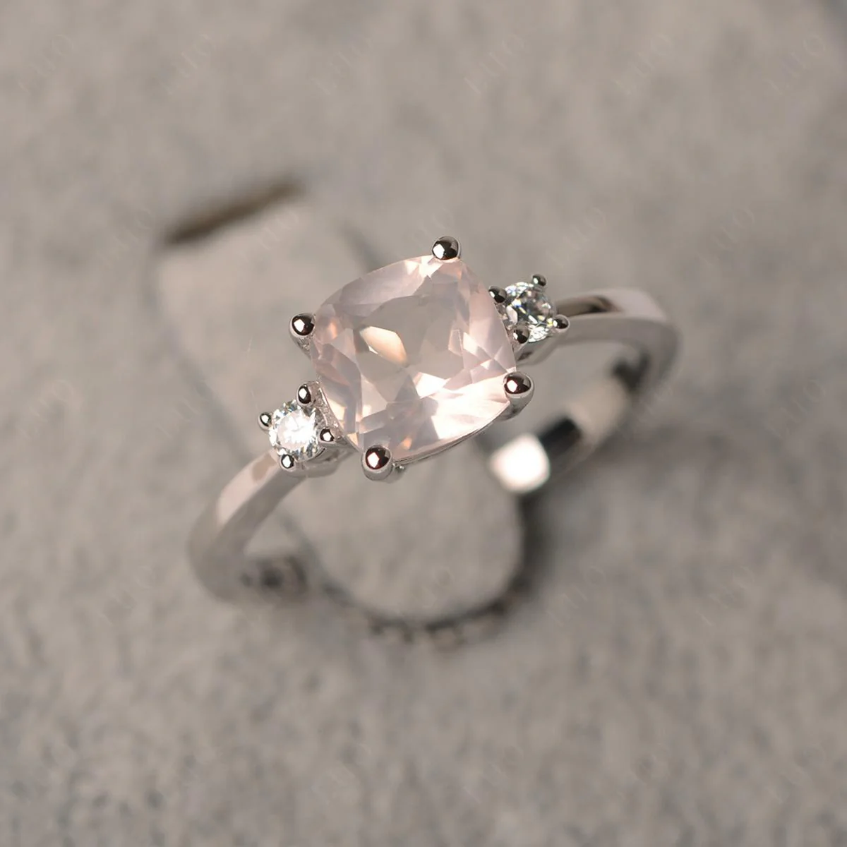 Cushion Cut Rose Quartz Trilogy Ring - Image 10