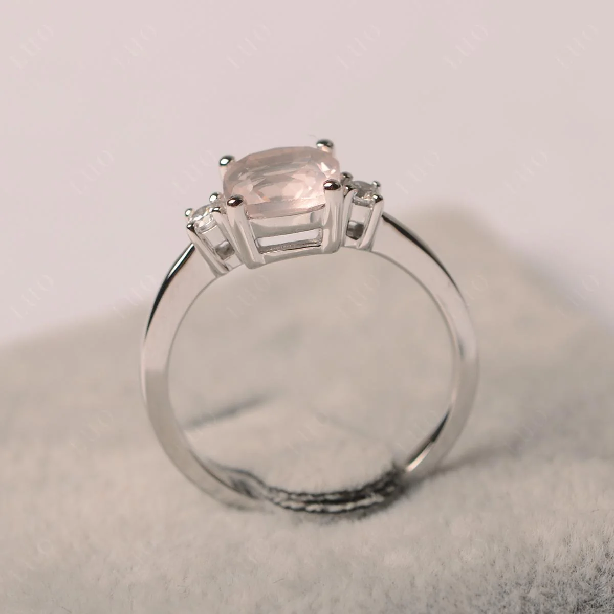 Cushion Cut Rose Quartz Trilogy Ring - Image 11