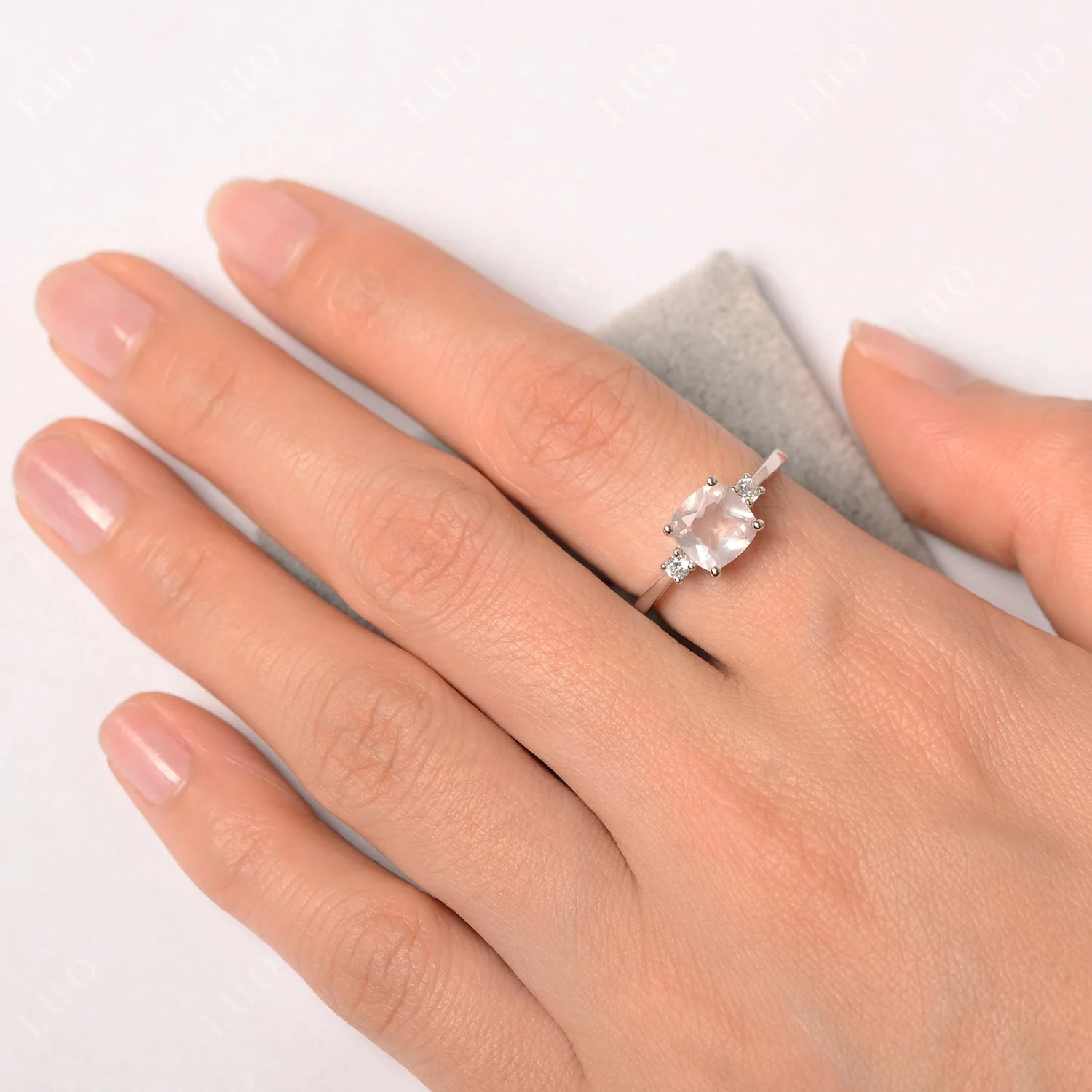 Cushion Cut Rose Quartz Trilogy Ring - Image 12