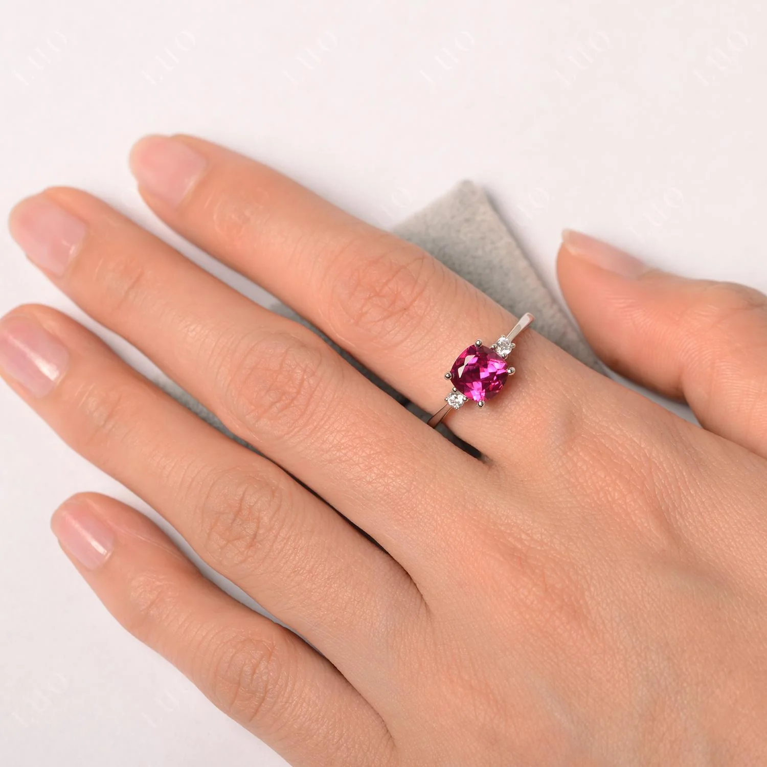 Cushion Cut Ruby Trilogy Ring - Image 13