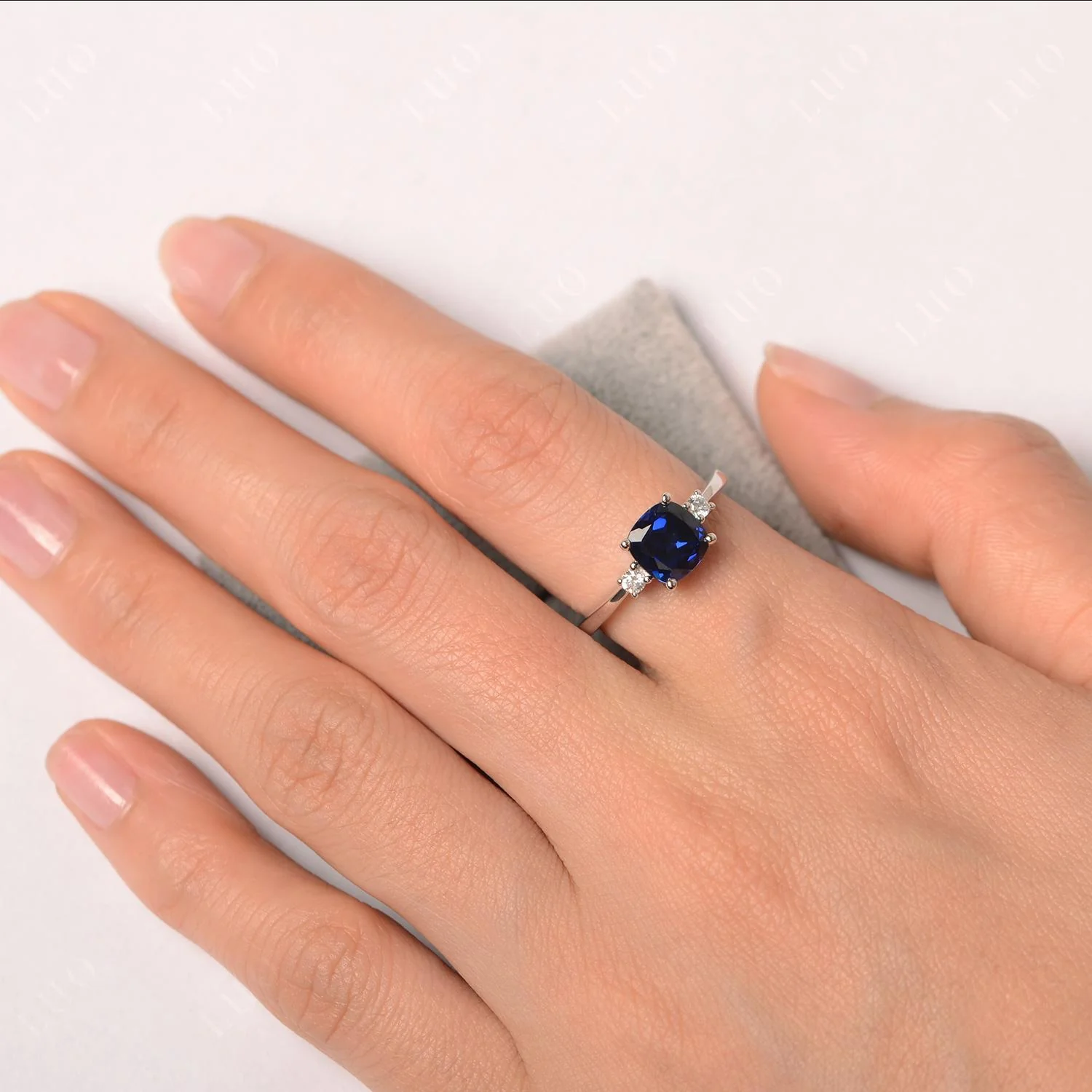 Cushion Cut Sapphire Trilogy Ring - Image 12