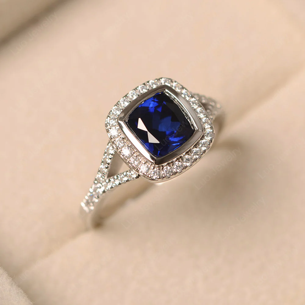 Cushion Cut Sapphire Halo Bezel Set Ring - Image 2