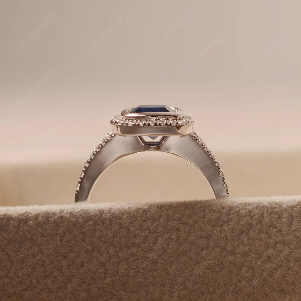 Cushion Cut Sapphire Halo Bezel Set Ring - Image 4