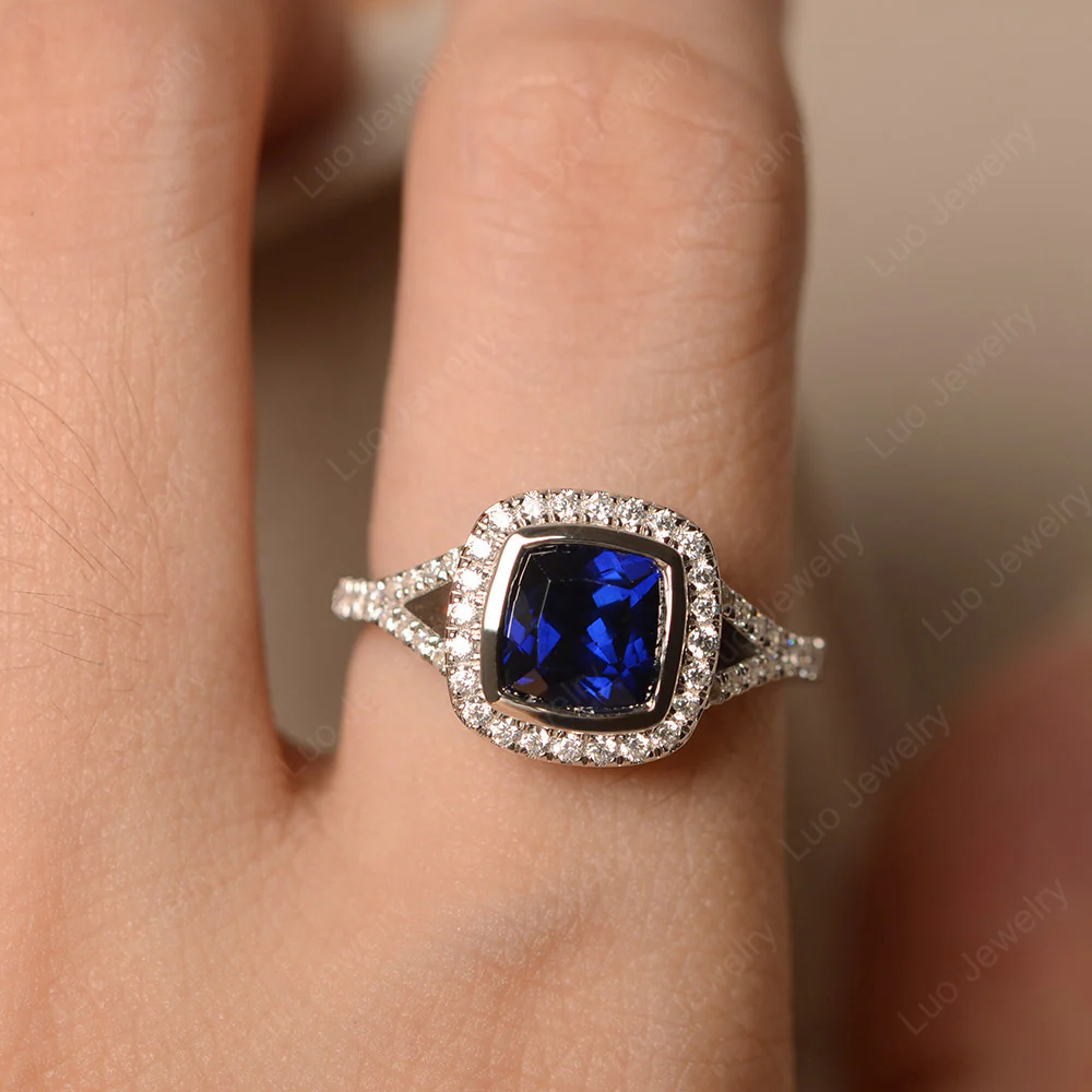 Cushion Cut Sapphire Halo Bezel Set Ring - Image 5