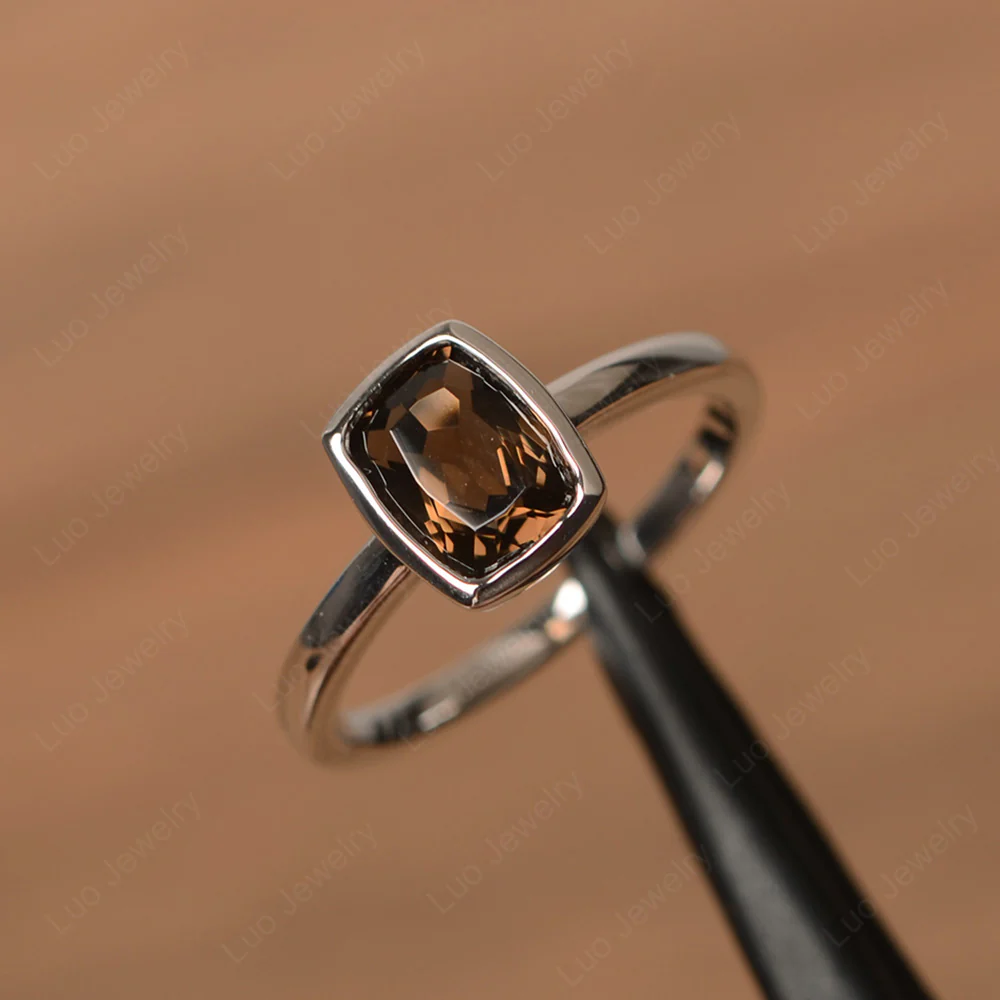Cushion Cut Smoky Quartz Bezel Setting Ring