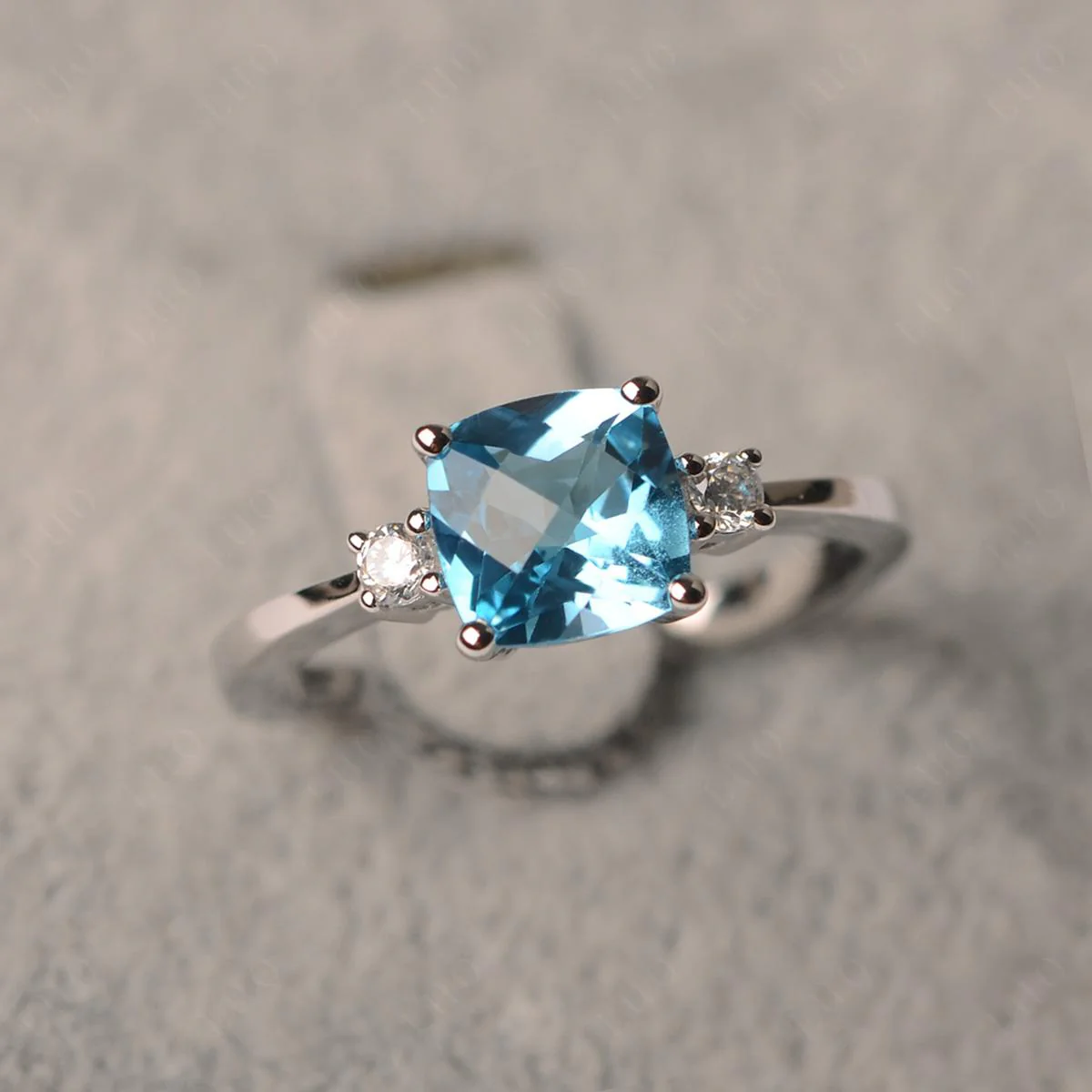 Cushion Cut Swiss Blue Topaz Trilogy Ring - Image 10
