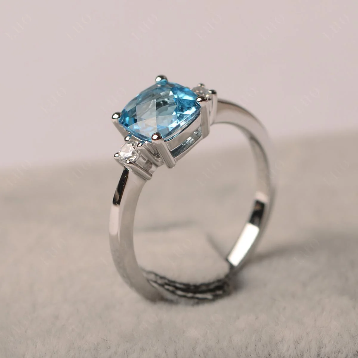 Cushion Cut Swiss Blue Topaz Trilogy Ring - Image 11