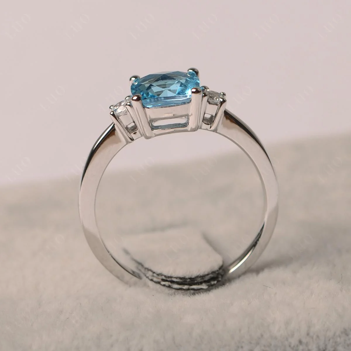 Cushion Cut Swiss Blue Topaz Trilogy Ring - Image 12