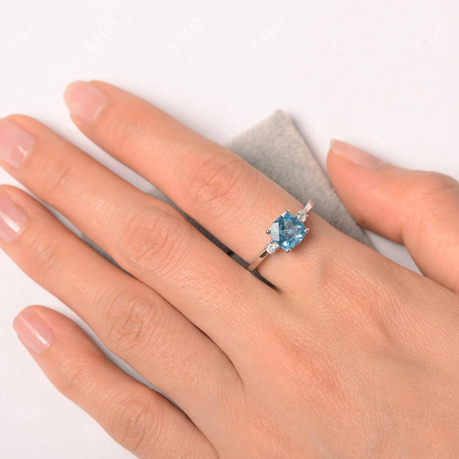 Cushion Cut Swiss Blue Topaz Trilogy Ring - Image 13