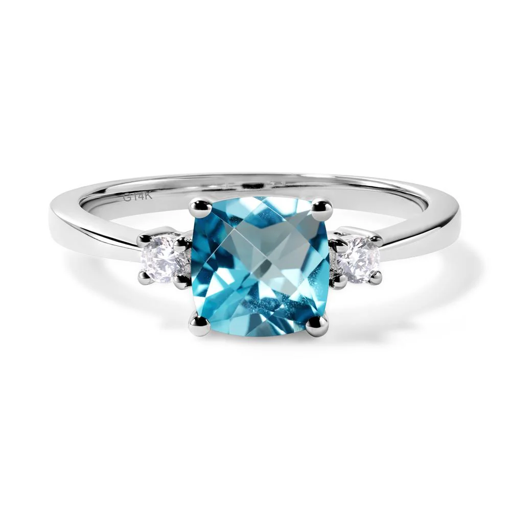 Cushion Cut Swiss Blue Topaz Trilogy Ring - Image 3