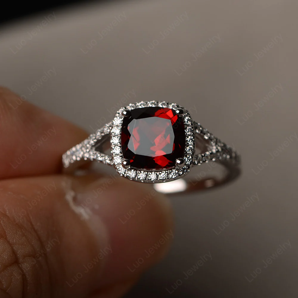 Cushion Garnet Halo Split Shank Ring