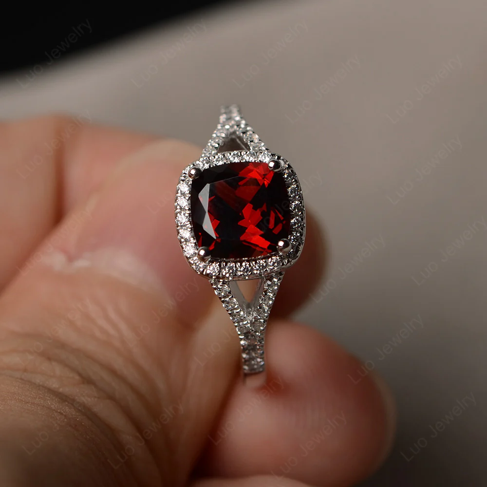 Cushion Garnet Halo Split Shank Ring - Image 2