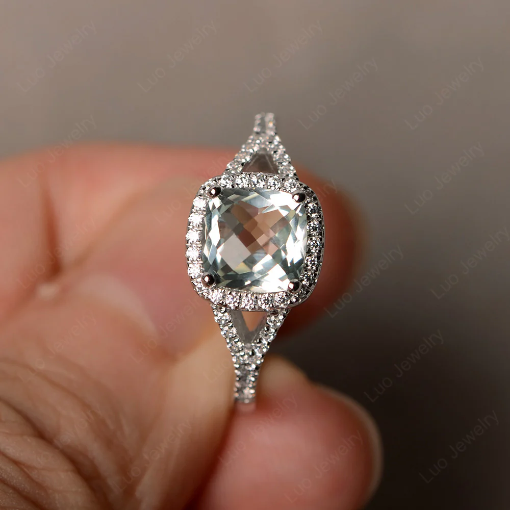 Cushion Green Amethyst Halo Split Shank Ring - Image 2