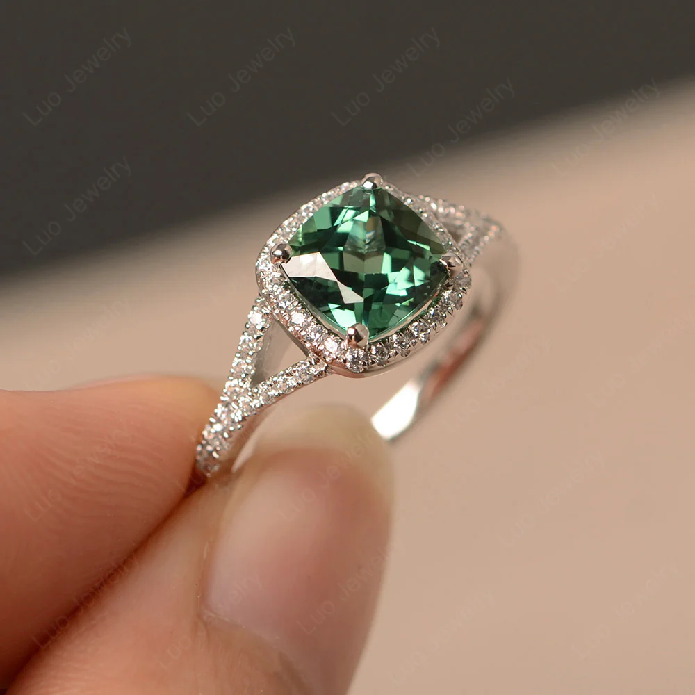 Cushion Green Sapphire Halo Split Shank Ring - Image 3