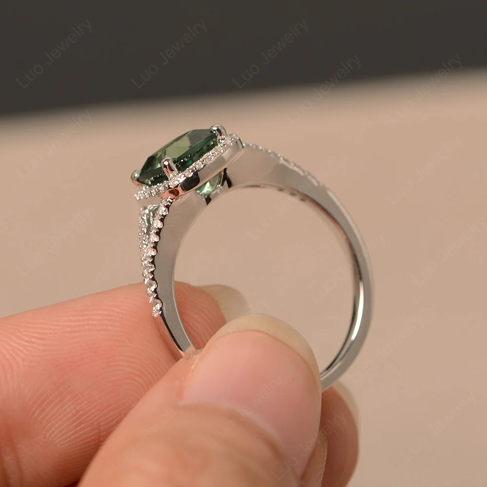 Cushion Green Sapphire Halo Split Shank Ring - Image 4