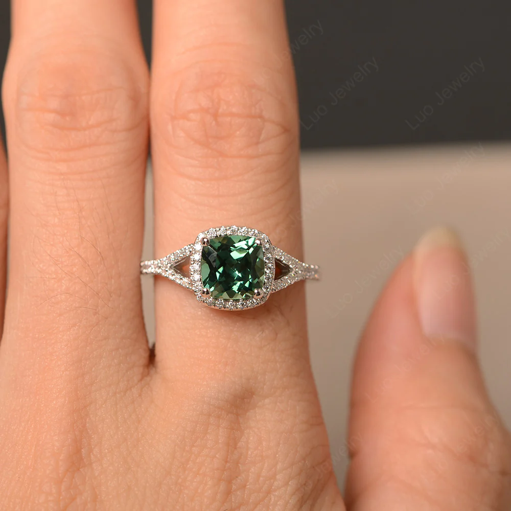 Cushion Green Sapphire Halo Split Shank Ring - Image 5
