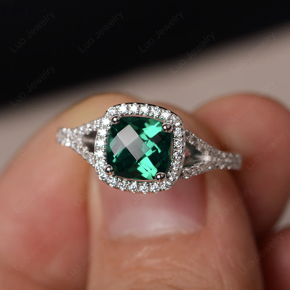 Cushion Emerald Halo Split Shank Ring - Image 2