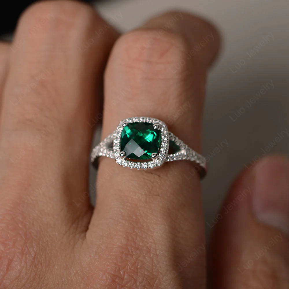 Cushion Emerald Halo Split Shank Ring - Image 3