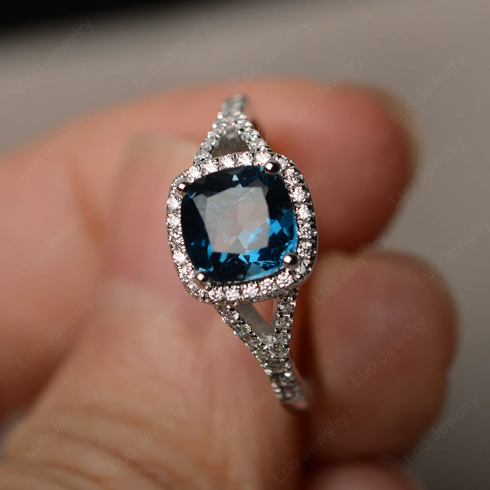 Cushion London Blue Topaz Halo Split Shank Ring